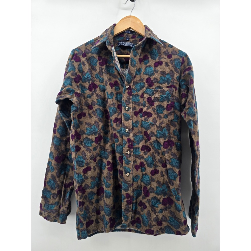 Van Heusen Winterweights Shirt Mens S Brown Teal Purple Floral Flannel Cotton
